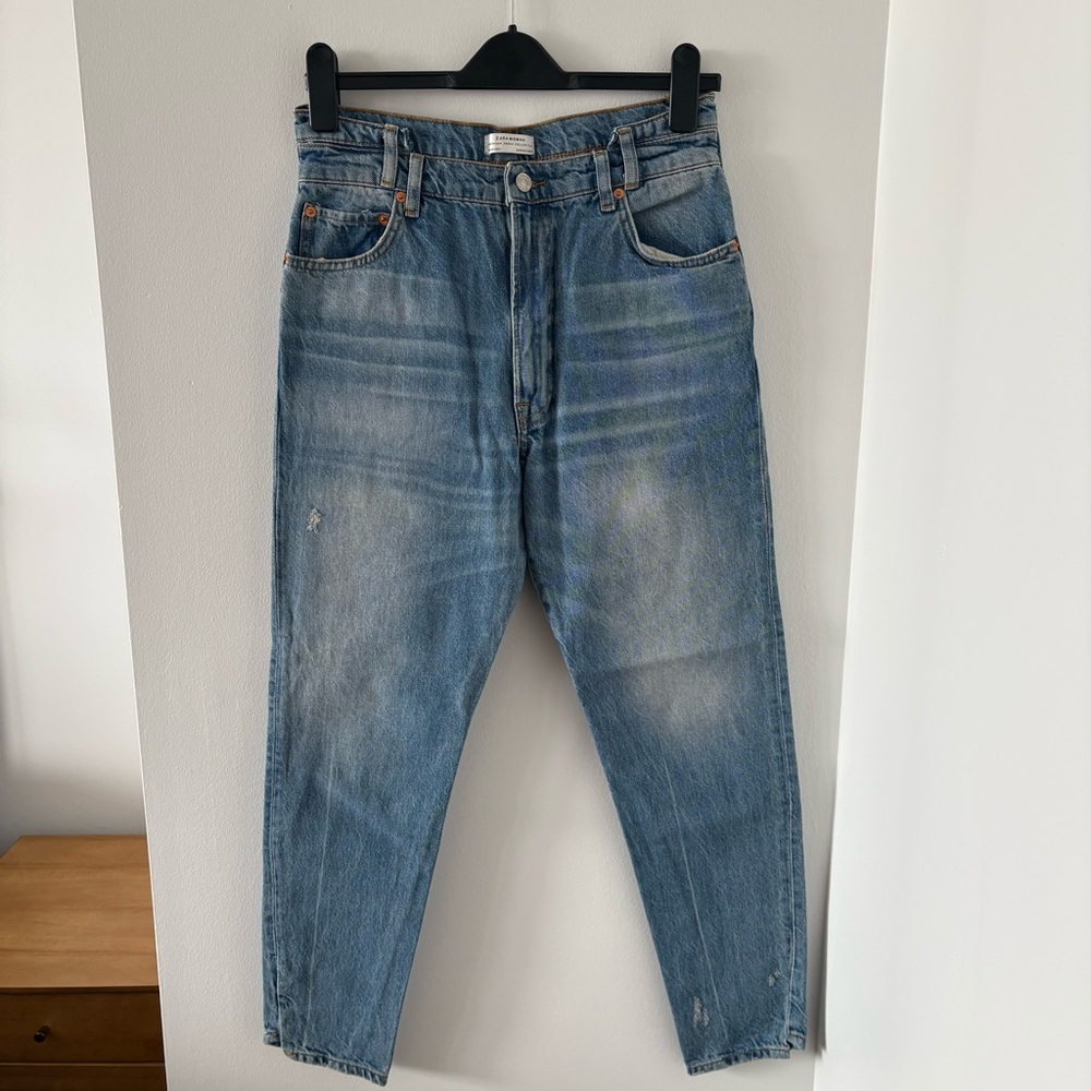 Zara Premium Denim Deconstructed Slanted Waistband Mid Blue Jeans Size US 6 NWOT